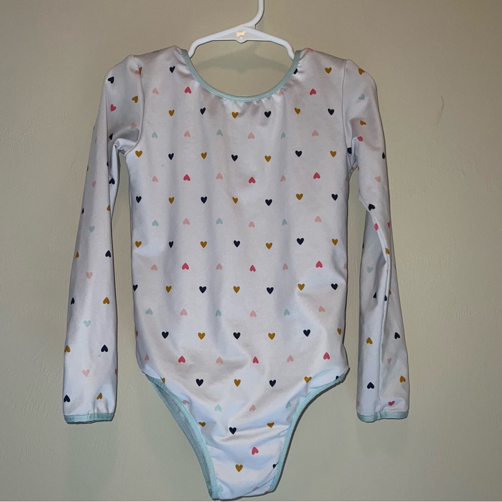 SweetHoney White Leotard with Mint Trim and Multicolor Heart Print